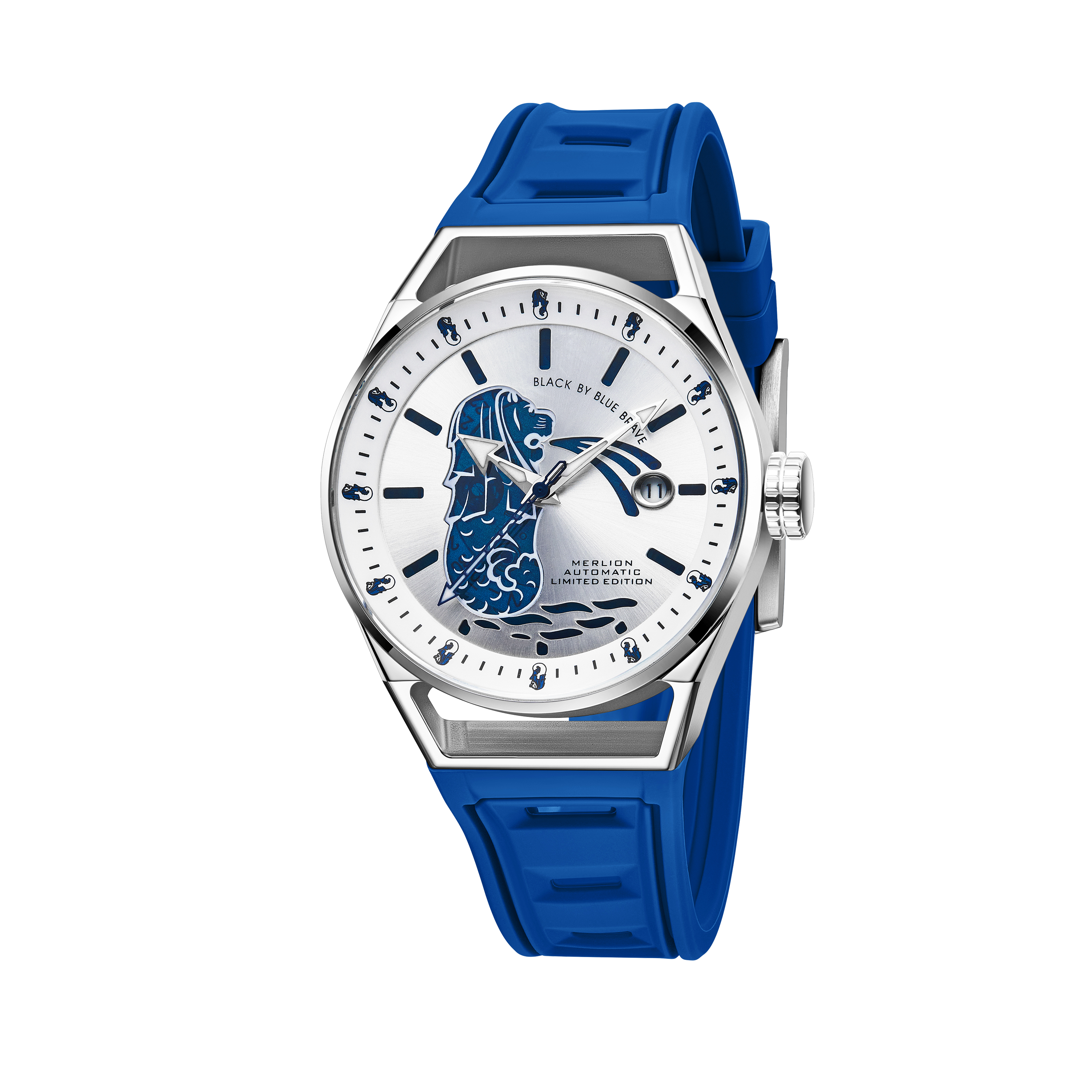 Merlion II 41mm Silver Merlion Dial Blue Silicon Strap Automatic Watch - 4B8304 - front - Black By Blue Brave