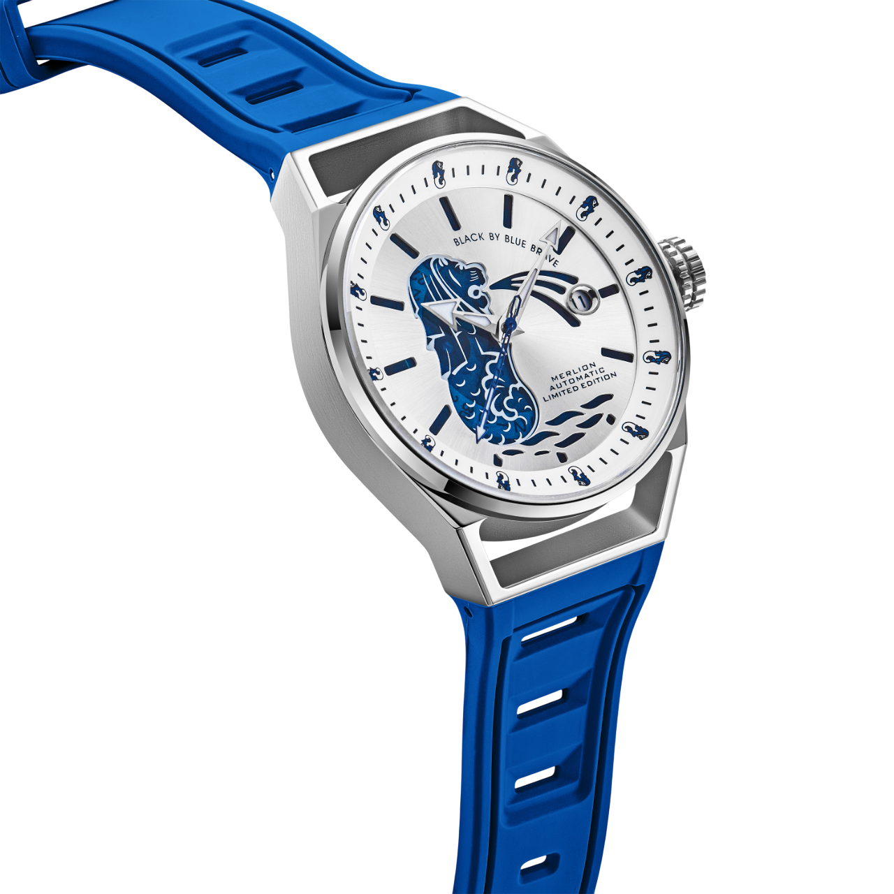Merlion II 41mm Silver Merlion Dial Blue Silicon Strap Automatic Watch - 4B8304 - side view - Black By Blue Brave