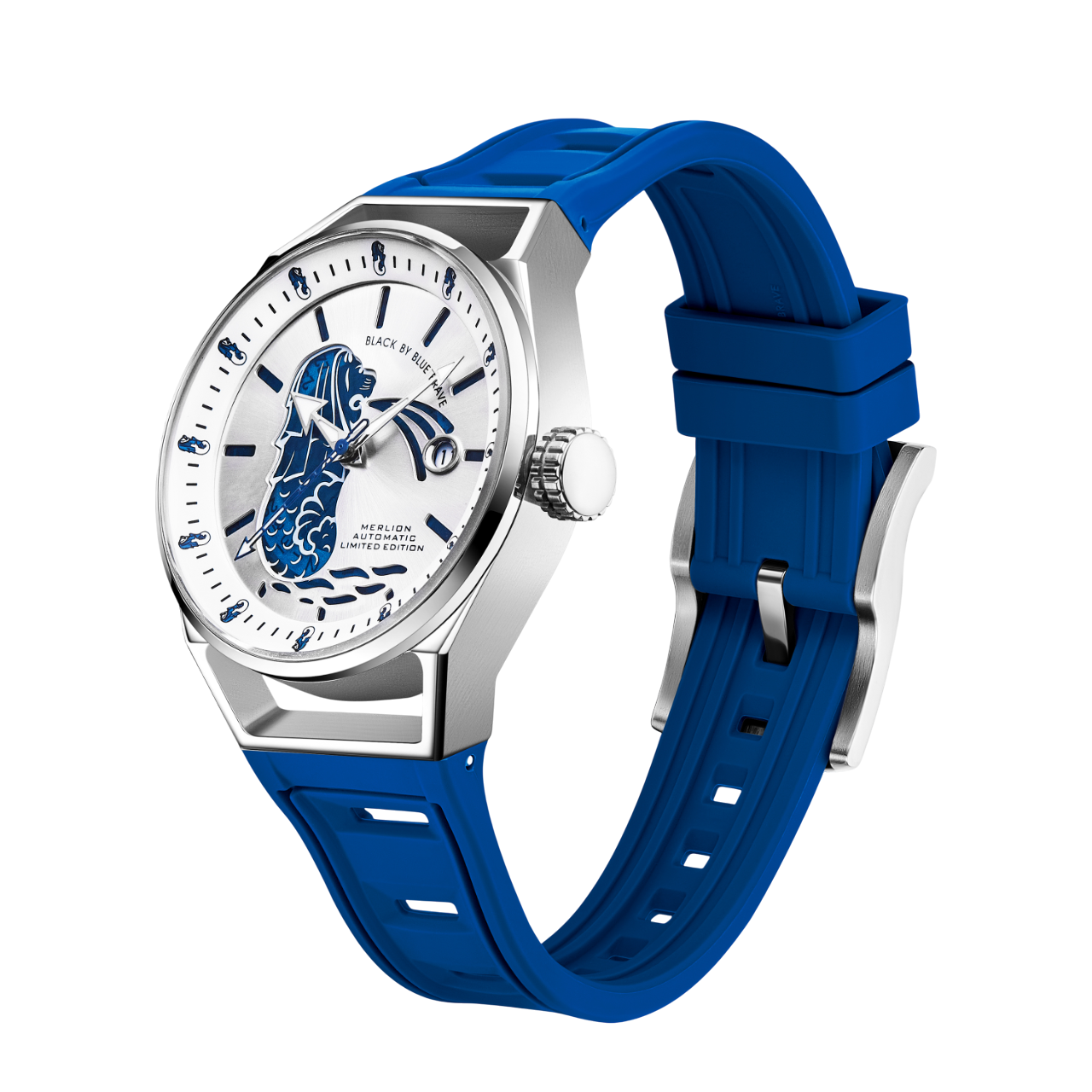 Merlion II 41mm Silver Merlion Dial Blue Silicon Strap Automatic Watch - 4B8304 - side view - Black By Blue Brave