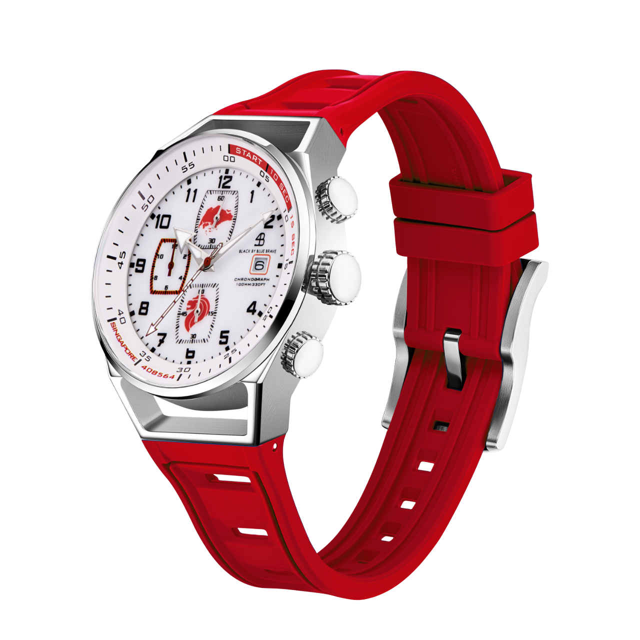 Merlion II 41mm Silver Singapore Dial Chronograph Red Silicon Strap Watch - 4B8314 - side view - Black By Blue Brave