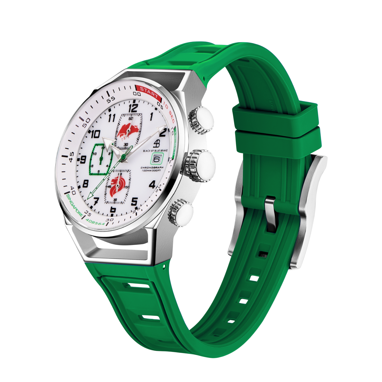 Merlion II 41mm Silver Singapore Dial Chronograph Green Silicon Strap Watch - 4B8317 - side view - Black By Blue Brave