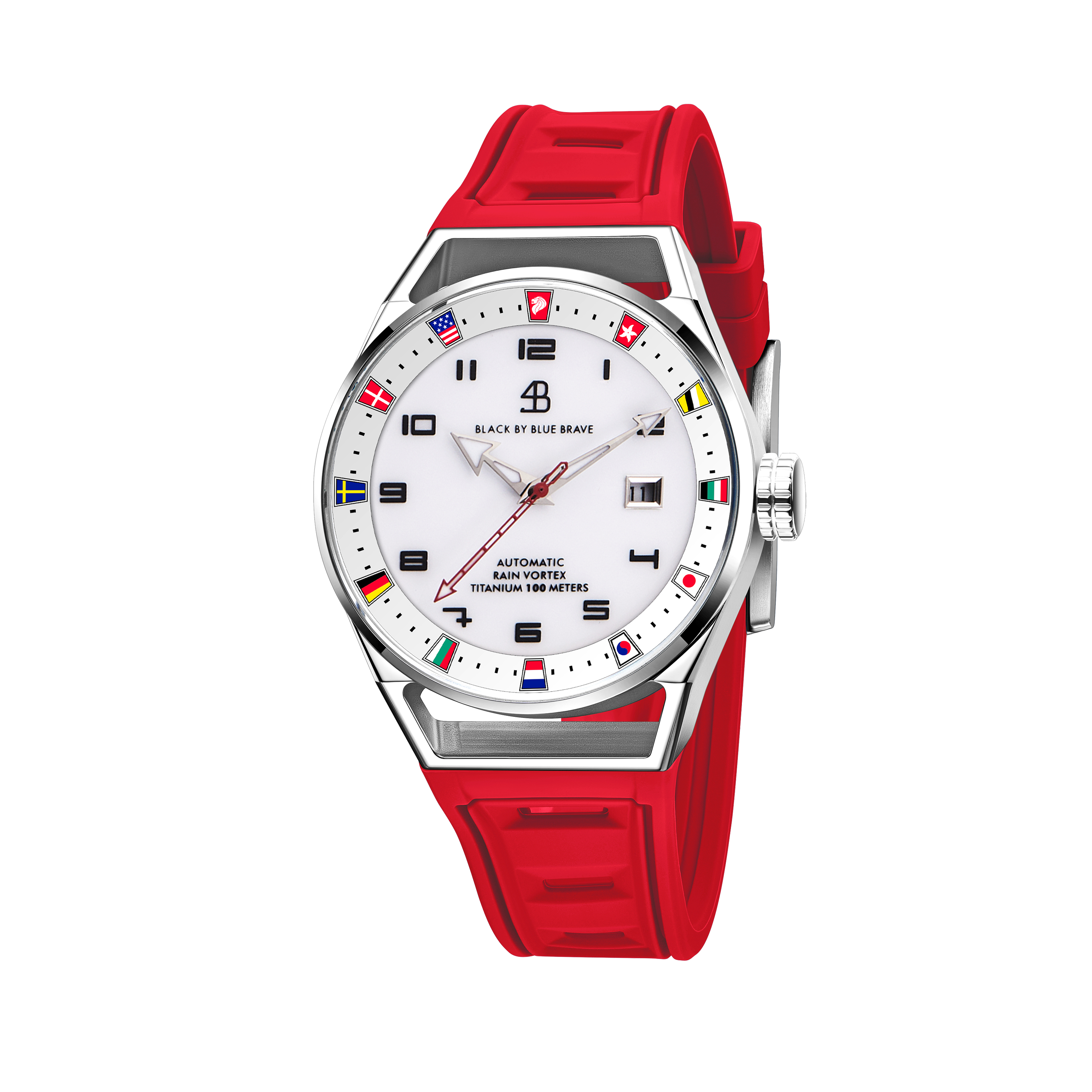 Merlion II 41mm Silver Flags Dial Red Silicon Strap Automatic Watch - 4B9313 - front - Black By Blue Brave