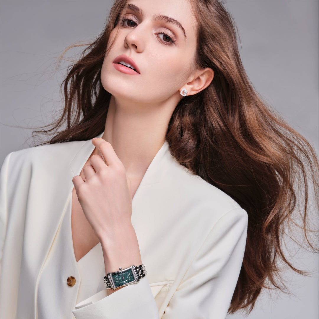 Monica 27*42mm Green Guilloche Dial Genuine Diamonds Silver Bracelet Watch - 4B1272 - Model wearing - Black By Blue Brave