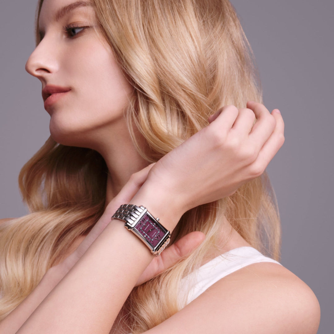 Monica 27*42mm Purple Guilloche Dial Genuine Diamonds Silver Bracelet Watch - 4B1273 - Model wearing - Black By Blue Brave