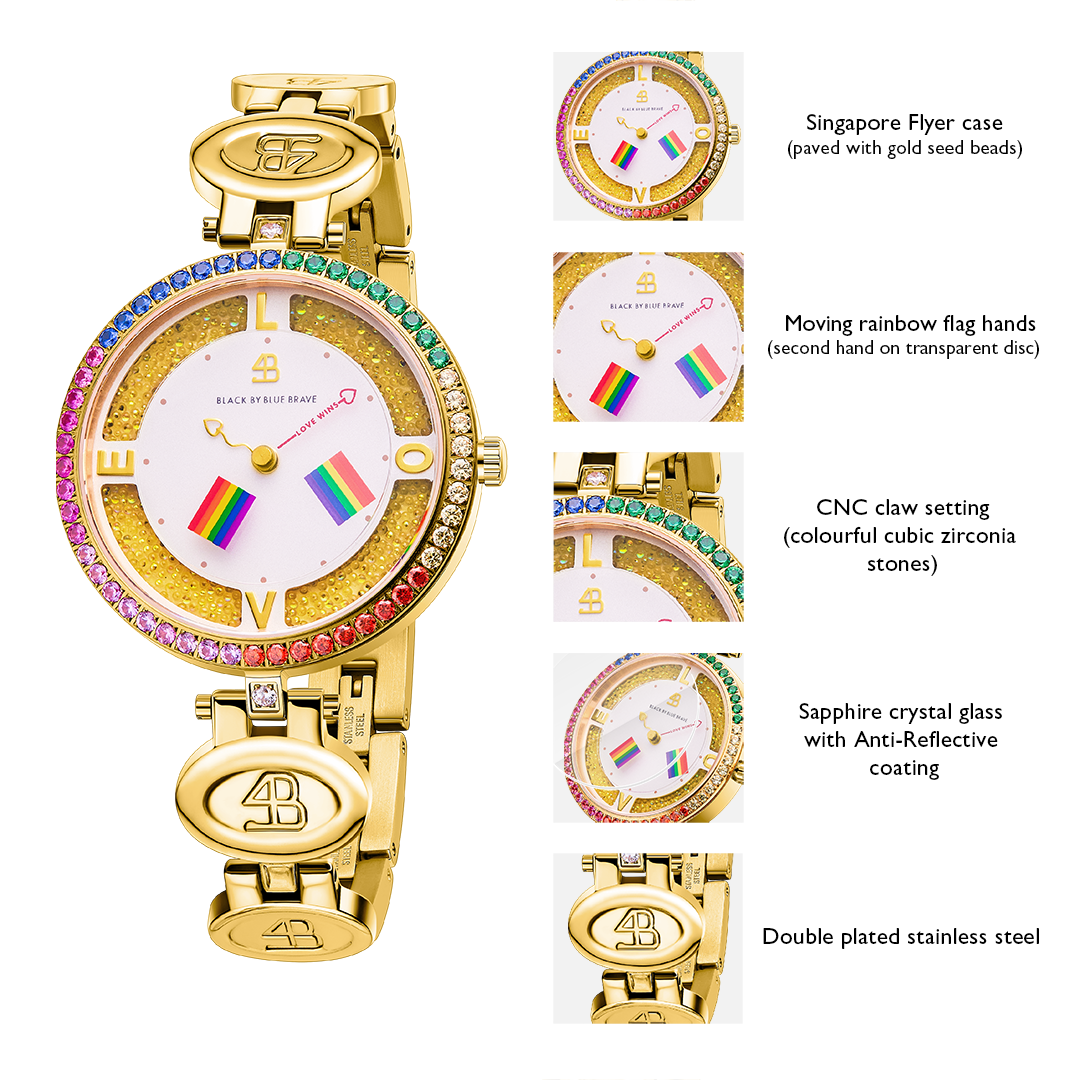 Love Wins 34mm Gold Dial Moving Rainbow Flag Bracelet Watch