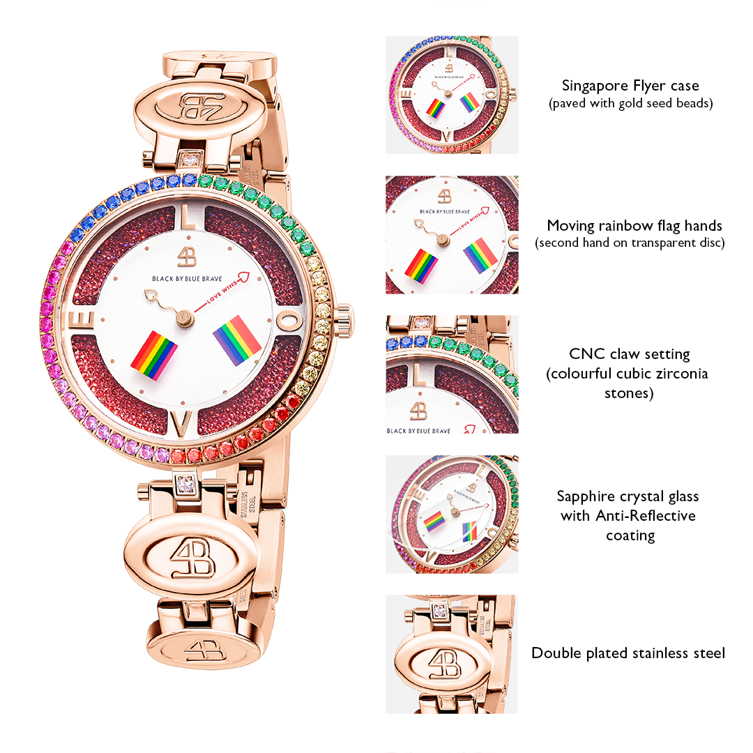 Love Wins 34mm Pink Dial Moving Rainbow Flag Rose Gold Bracelet Watch - BLACK BY BLUE BRAVE
