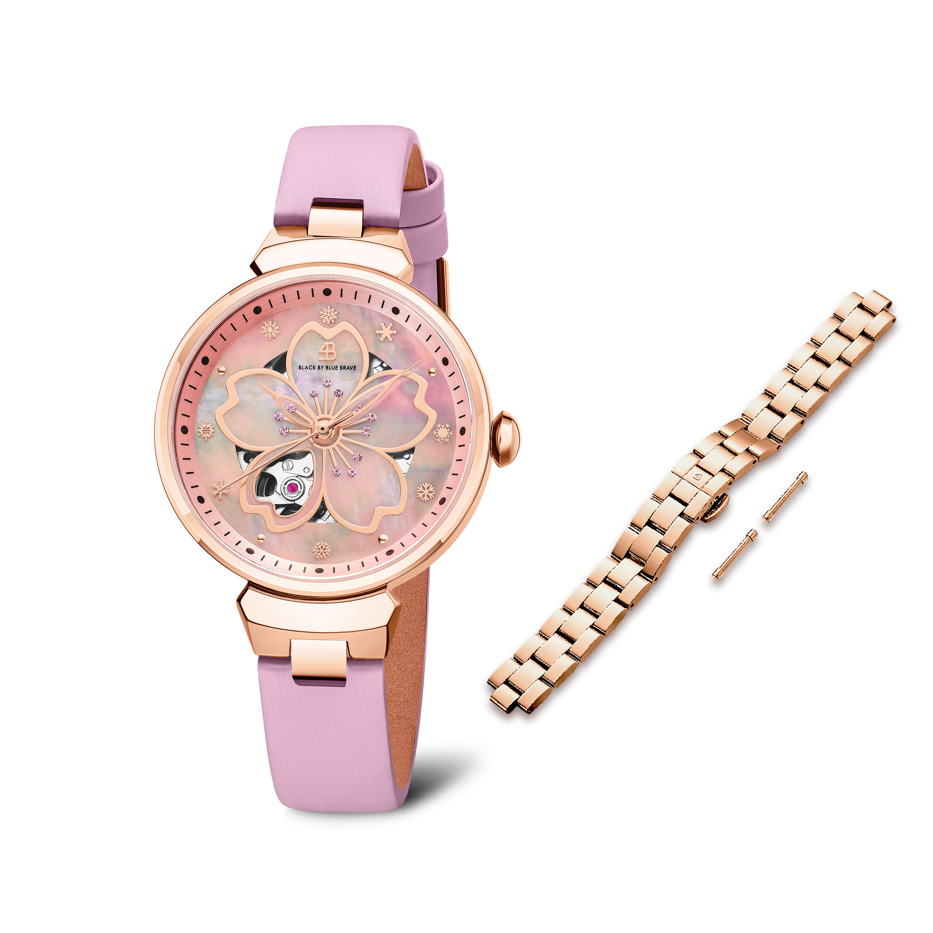 Women's Watches-Pink Cherry Blossom Automatic Watch-Leather Strap Watch