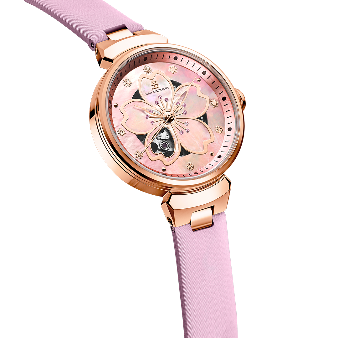 Women's Watches-Pink Cherry Blossom Automatic Watch-Leather Strap Watch