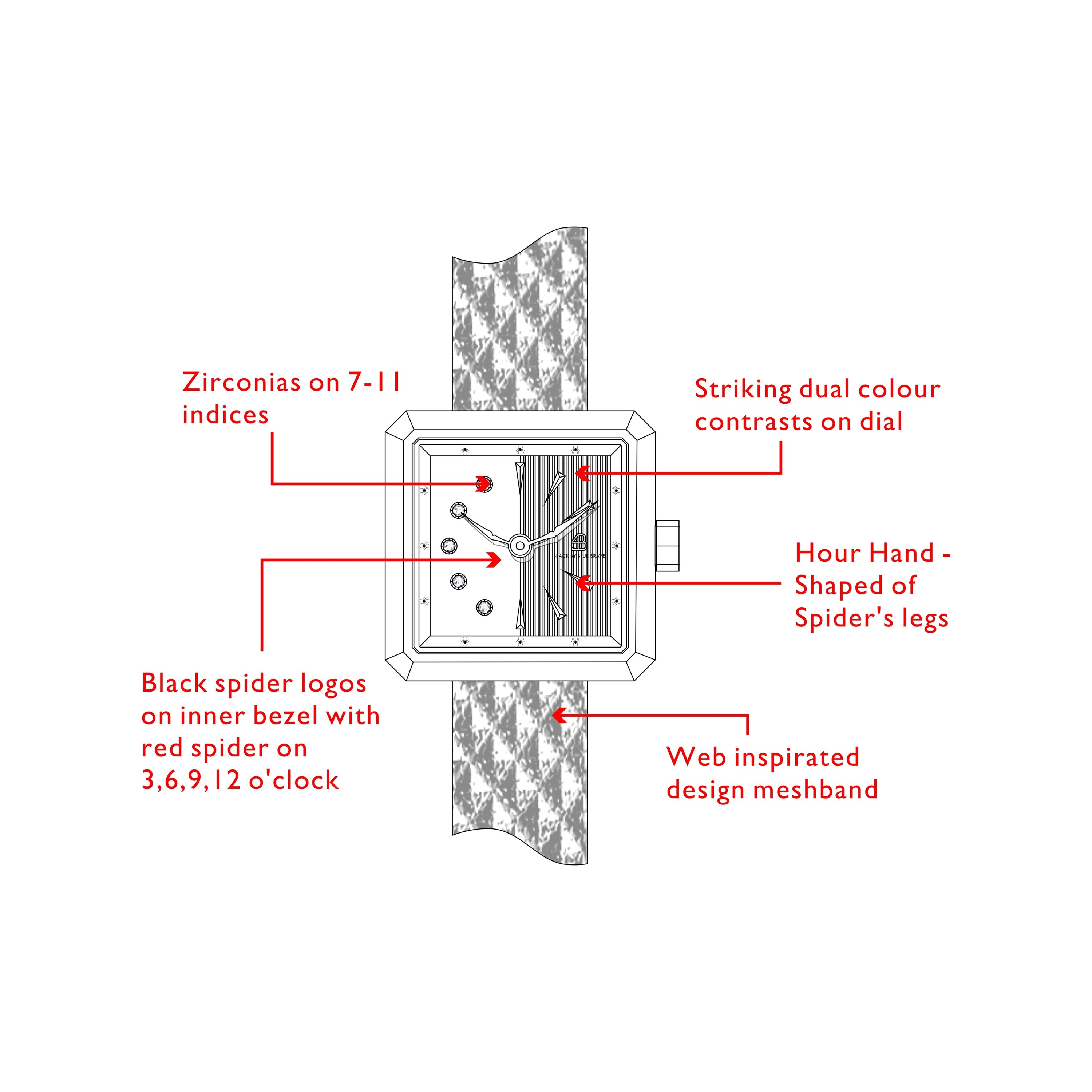 Spider 24mm Red & Black Dial Black Meshband Watch - 4B1171 - wrist - Black By Blue Brave