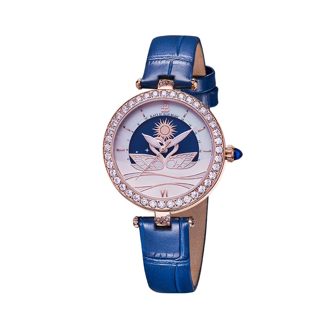 Swan Lovers 34mm Blue Moon Phase Dial Leather Strap Watch - 4B11110 - front - Black By Blue Brave