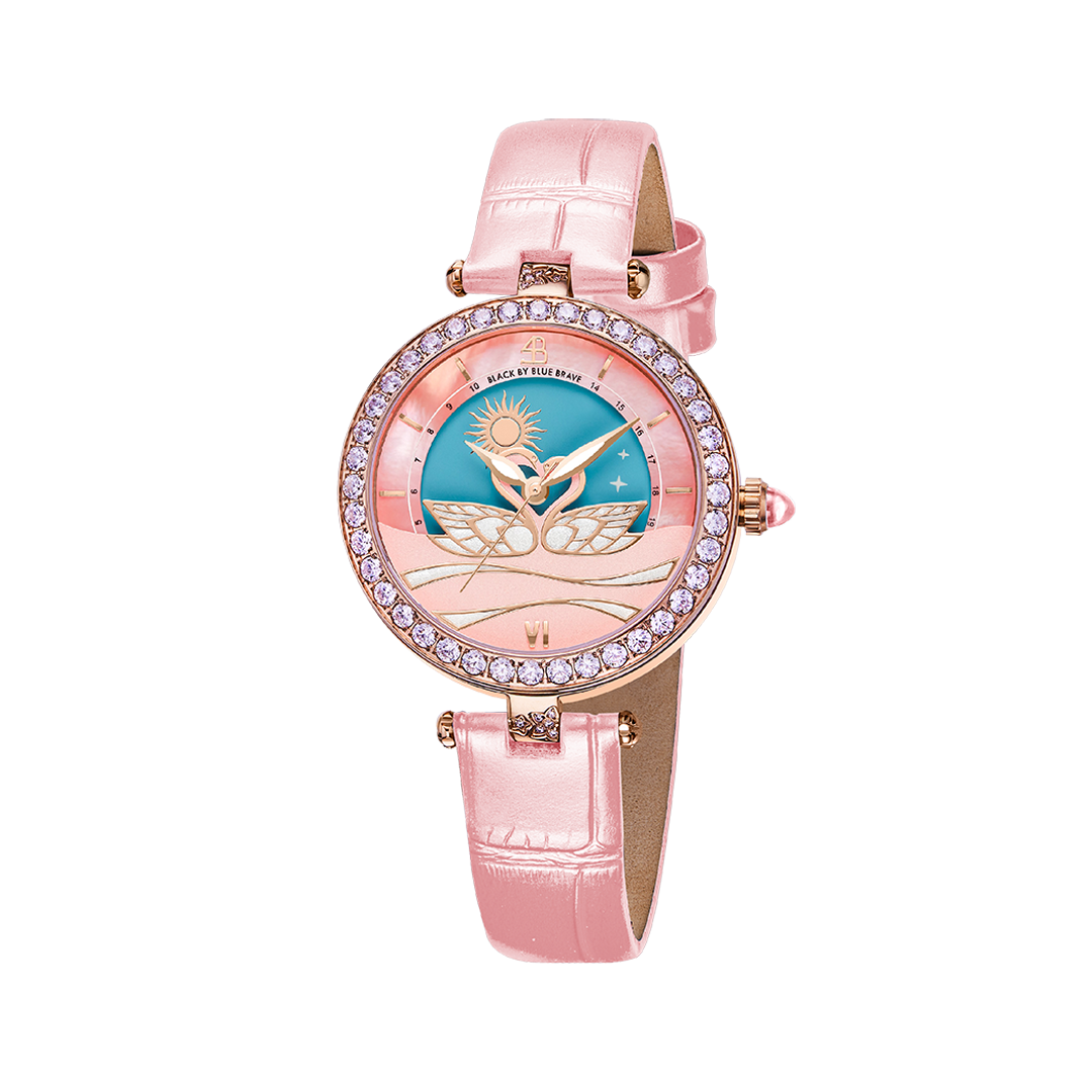 Swan Lovers 34mm Pink Moon Phase Dial Leather Strap Watch - 4B11111 - front - Black By Blue Brave
