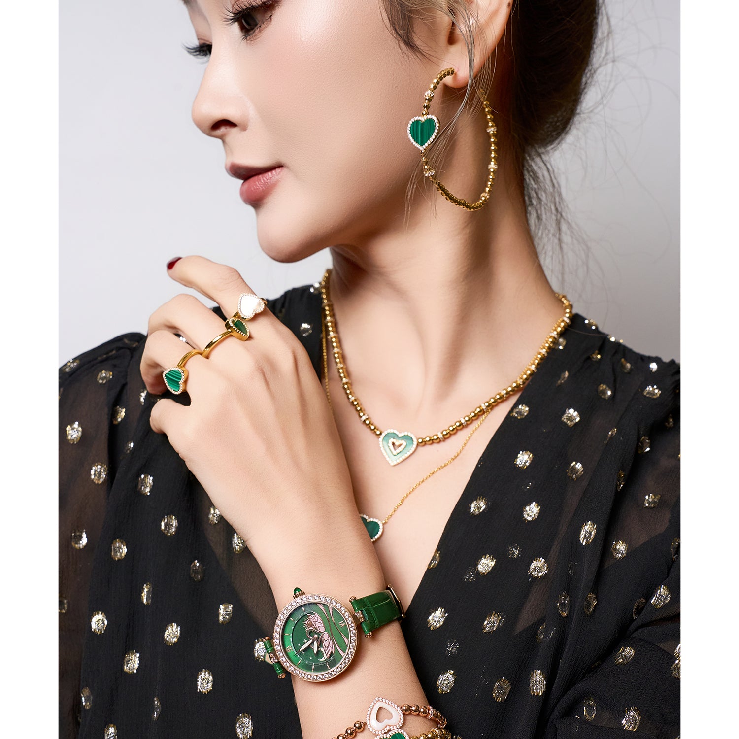Swan Lovers 34mm Green Moon Phase Dial Leather Strap Watch - 4B11112 - Model wearing - Black By Blue Brave