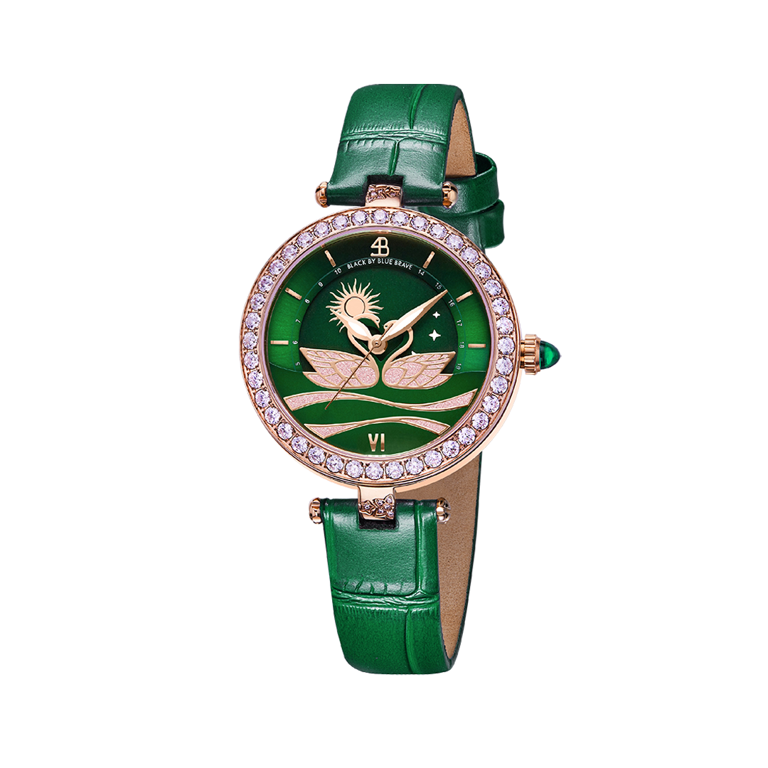 Swan Lovers 34mm Green Moon Phase Dial Leather Strap Watch - 4B11112 - front - Black By Blue Brave