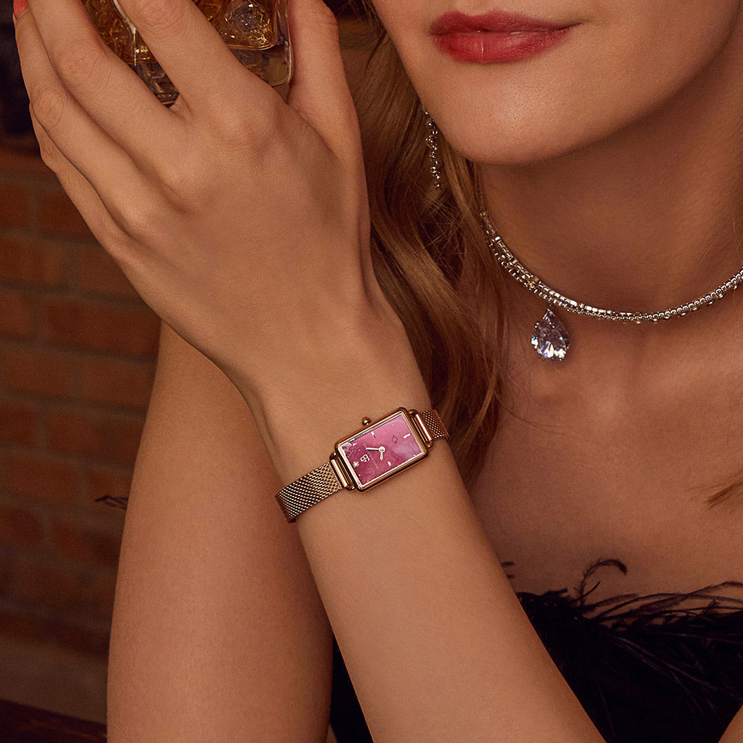 Vesta 20*27mm Ruby Red Dial Genuine Diamond Rosegold Bracelet Watch - 4B6025 - wear - Black By Blue Brave