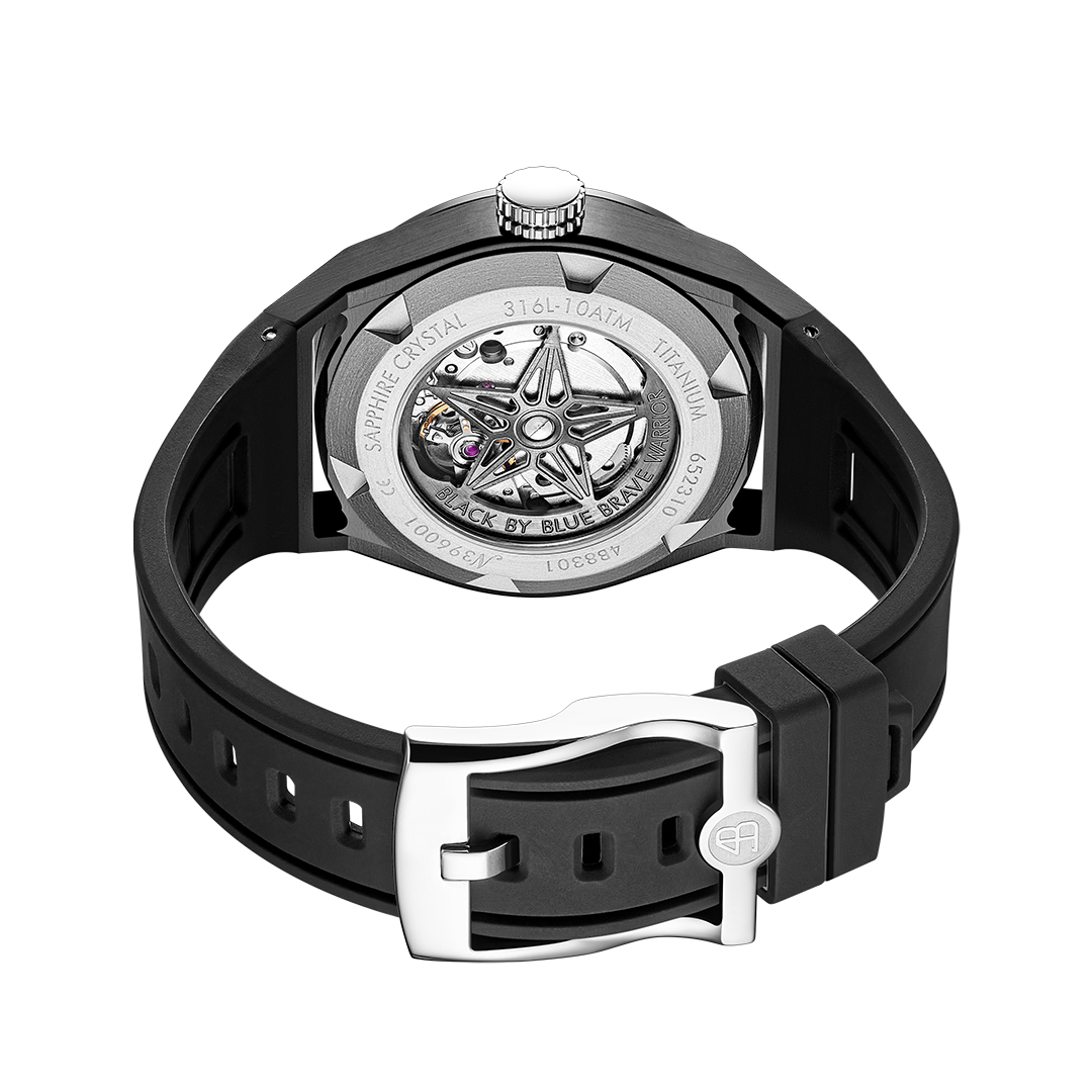Warrior 41mm Black Astronomical Dial Silicon Strap Automatic Watch - 4B8301 - Back side - Black By Blue Brave