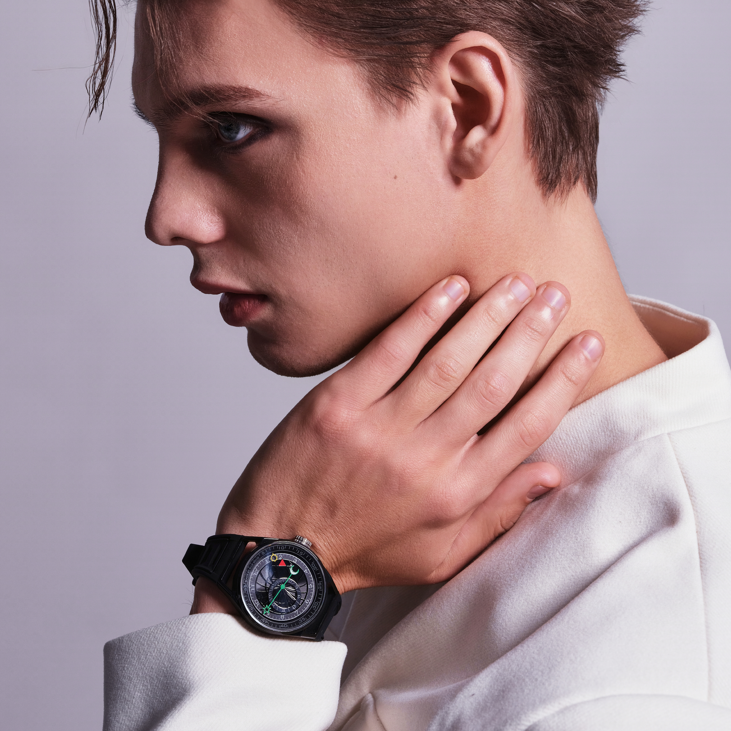 Warrior 41mm Black Astronomical Dial Silicon Strap Automatic Watch - 4B8301 - Model wearing - Black By Blue Brave