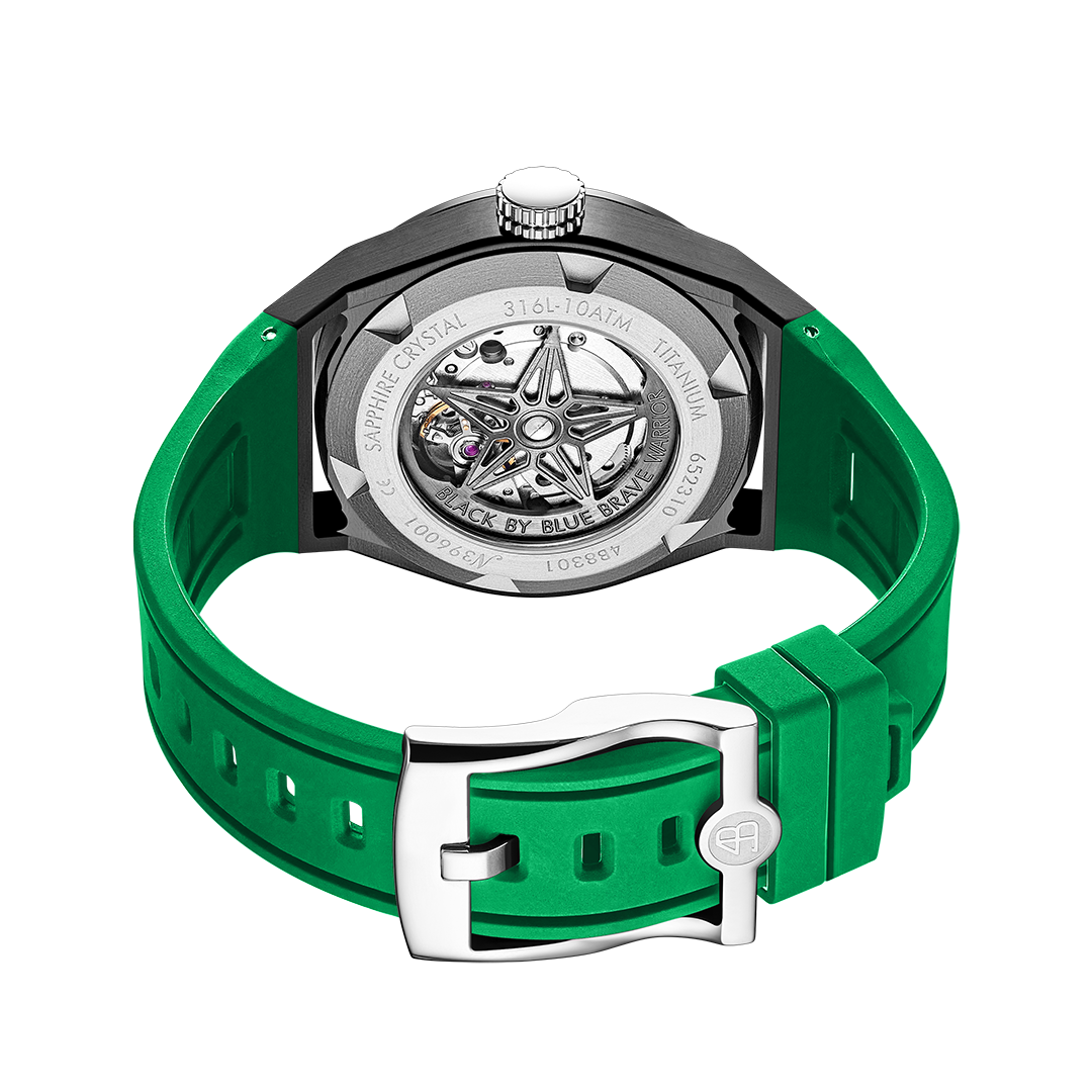 Warrior 41mm Green Astronomical Dial Silicon Strap Automatic Watch - 4B8302 - Back side - Black By Blue Brave