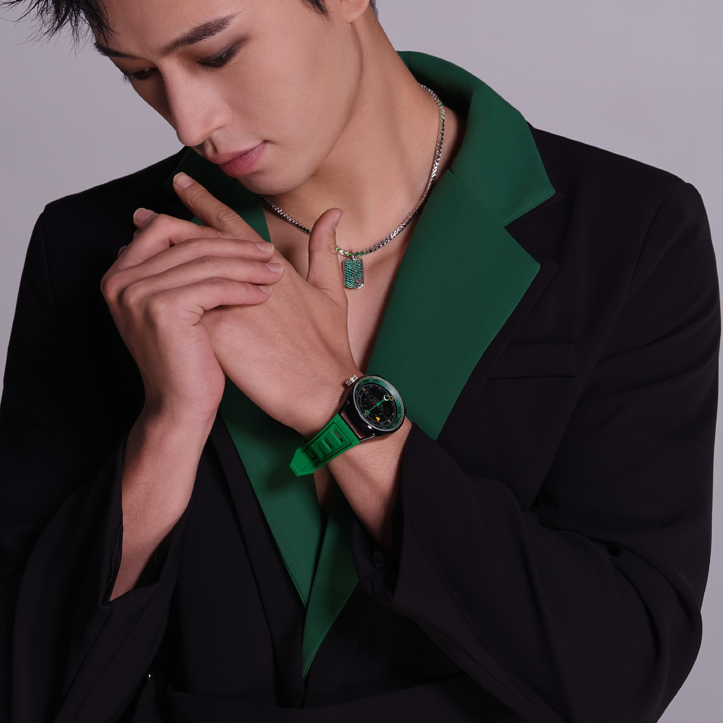 Warrior 41mm Green Astronomical Dial Silicon Strap Automatic Watch - 4B8302 - Model wearing - Black By Blue Brave