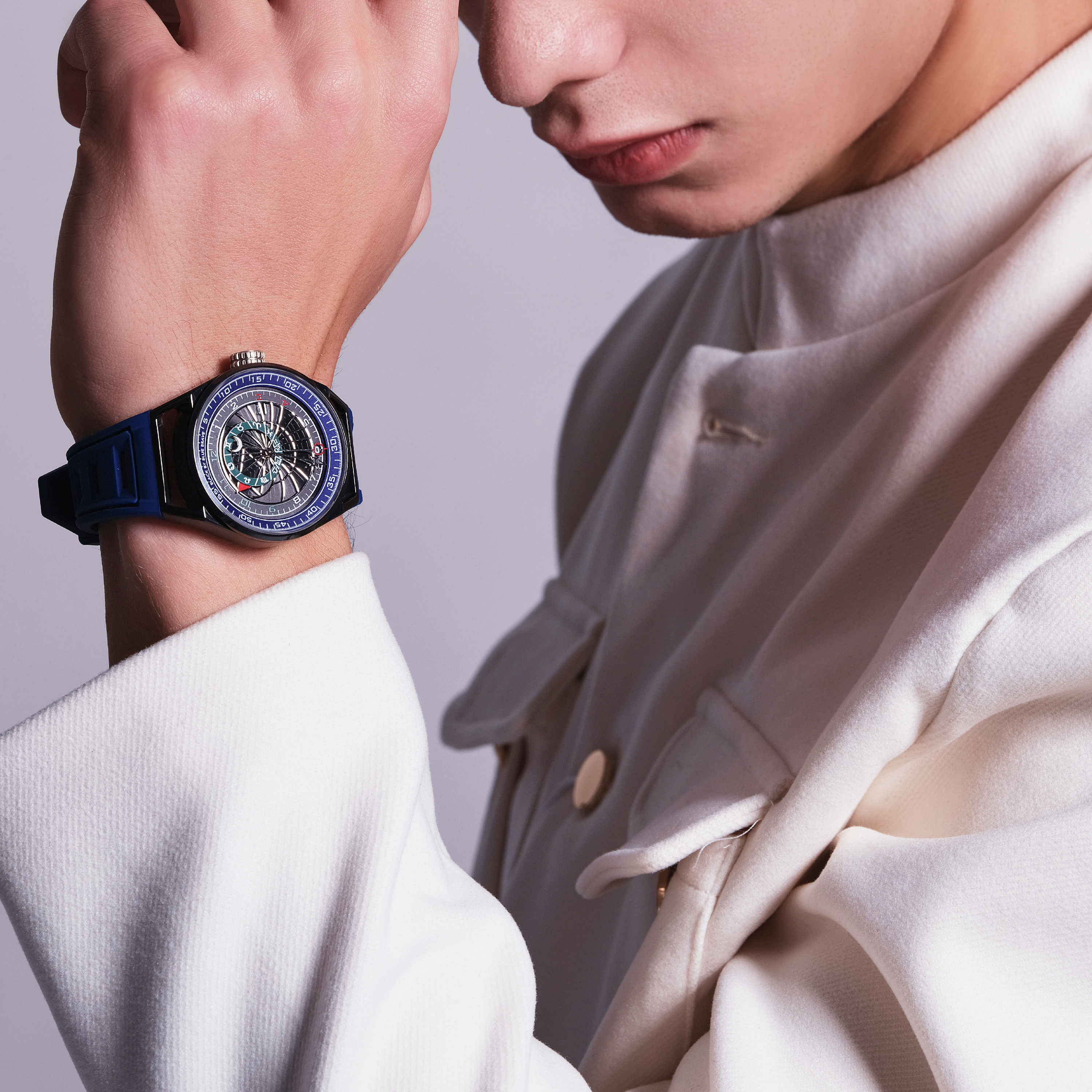 Warrior 41mm Blue Astronomical Dial Silicon Strap Automatic Watch - 4B8303 - Model wearing - Black By Blue Brave