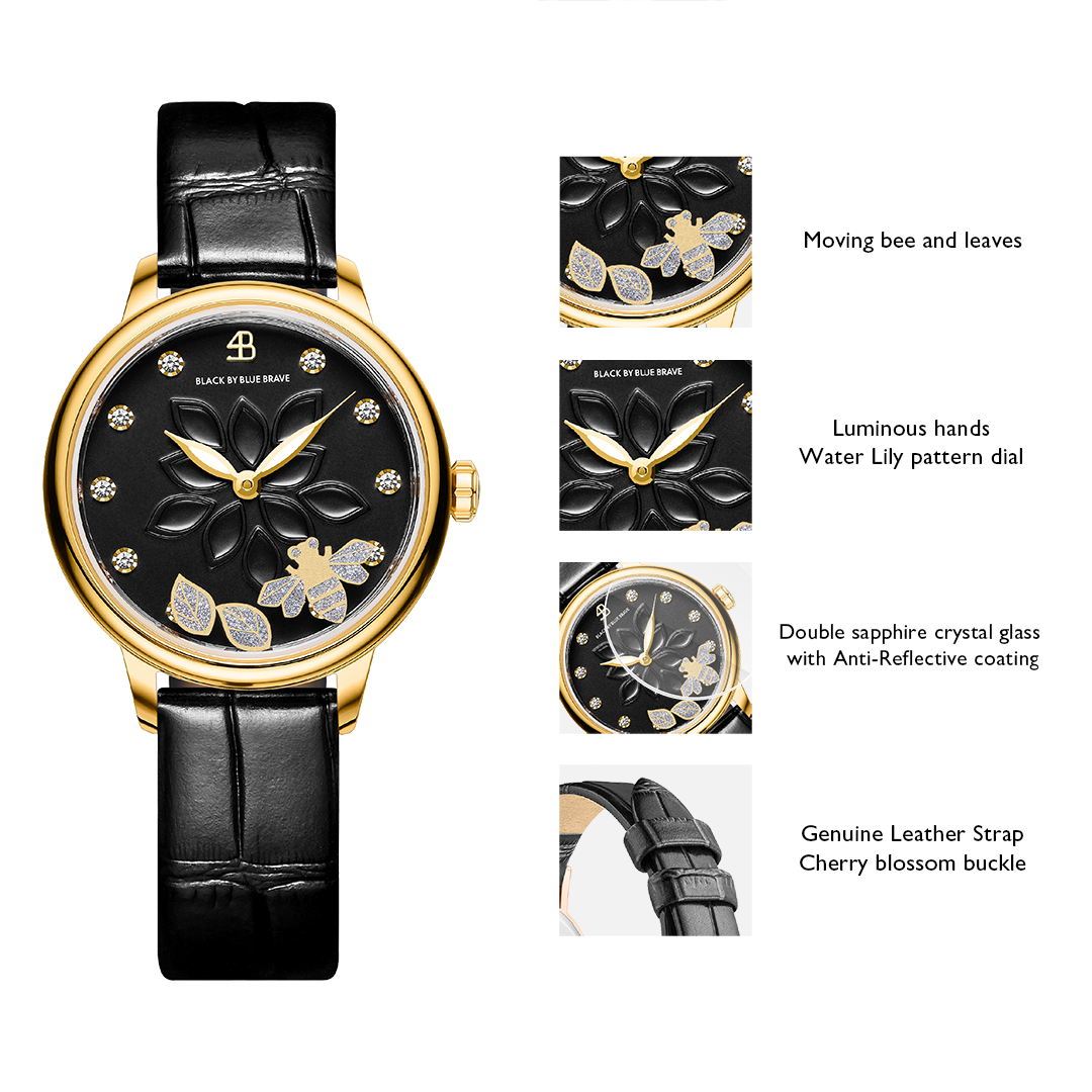 Water Lily 34mm Black Dial Moving Bees Leather Strap Watch - 4B11108 - Selling point map - Black By Blue Brave