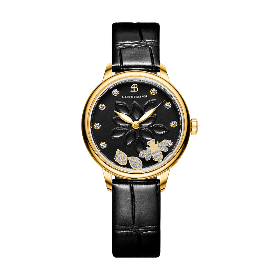 Water Lily 34mm Black Dial Moving Bees Leather Strap Watch - 4B11108 - front - Black By Blue Brave