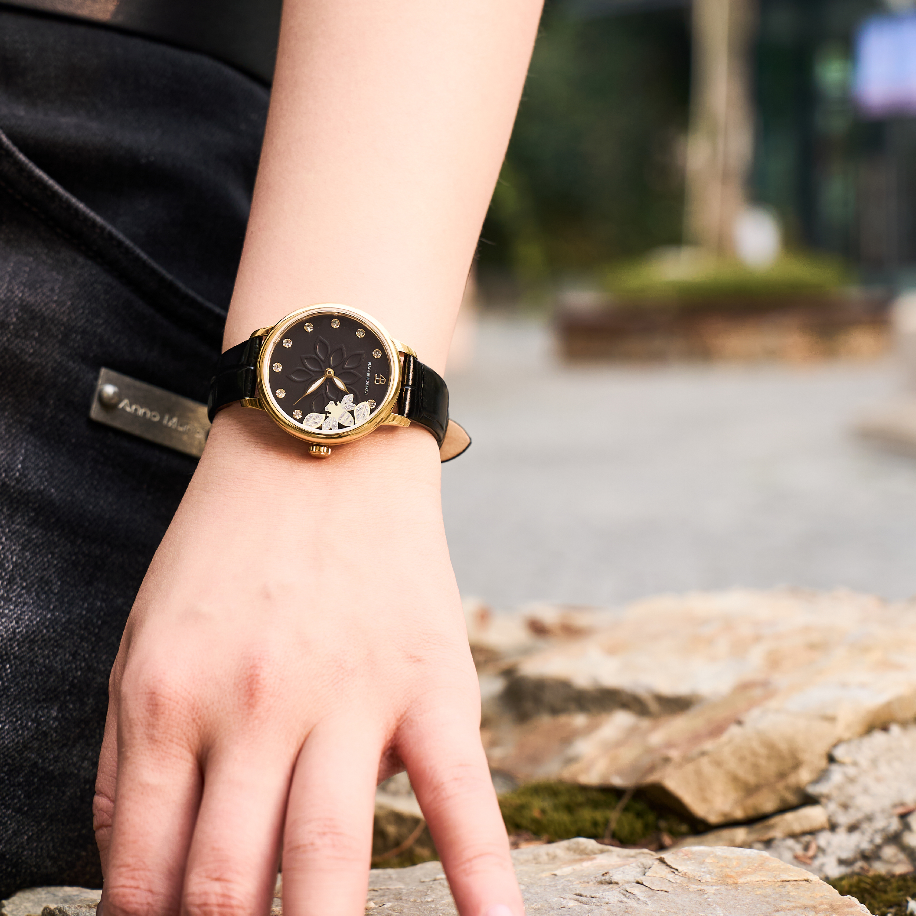 Water Lily 34mm Black Dial Moving Bees Leather Strap Watch - 4B11108 - wrist - Black By Blue Brave