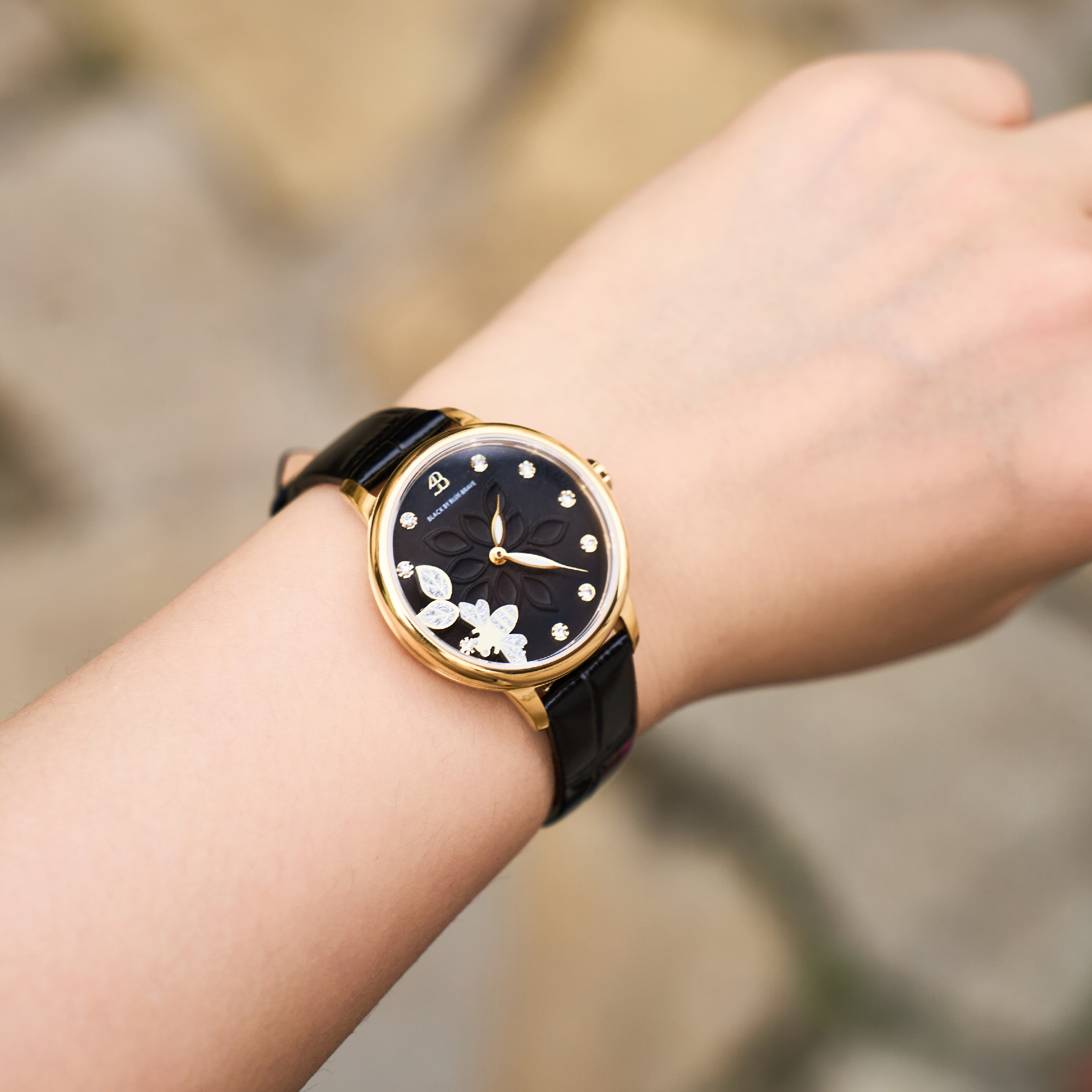 Water Lily 34mm Black Dial Moving Bees Leather Strap Watch - 4B11108 - wrist - Black By Blue Brave