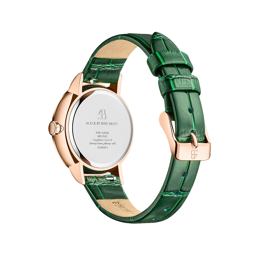 Water Lily 34mm White Dial Moving Bees Green Leather Strap Watch - 4B11109 - Back side - Black By Blue Brave