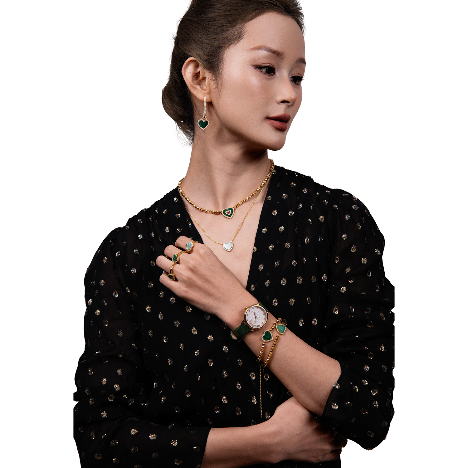 Water Lily 34mm White Dial Moving Bees Green Leather Strap Watch - 4B11109 - Model wearing - Black By Blue Brave