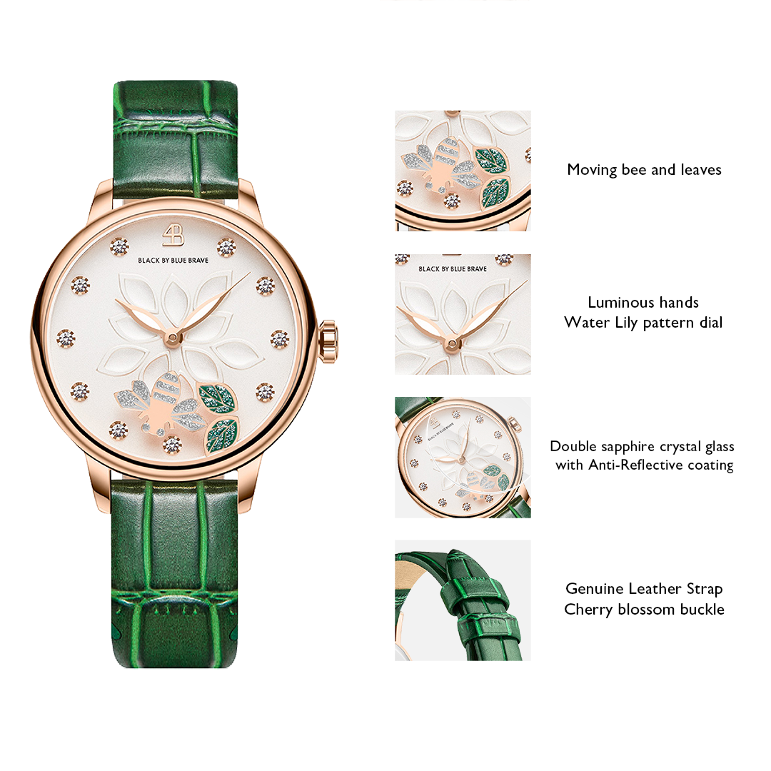 Water Lily 34mm White Dial Moving Bees Green Leather Strap Watch - 4B11109 - Selling point map - Black By Blue Brave