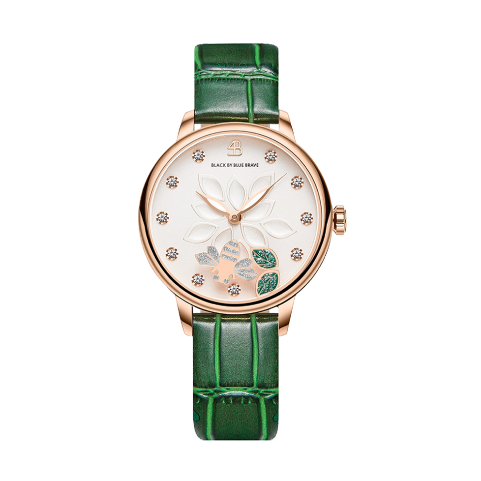 Water Lily 34mm White Dial Moving Bees Green Leather Strap Watch - 4B11109 - front - Black By Blue Brave
