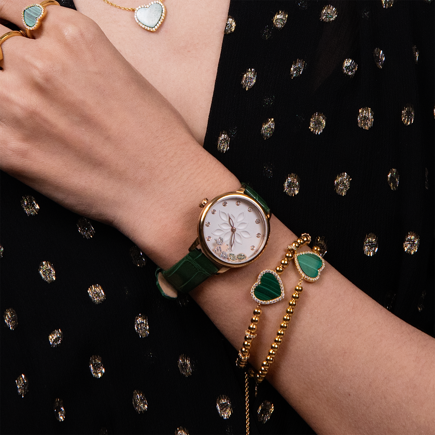 Water Lily 34mm White Dial Moving Bees Green Leather Strap Watch - 4B11109 - wrist - Black By Blue Brave