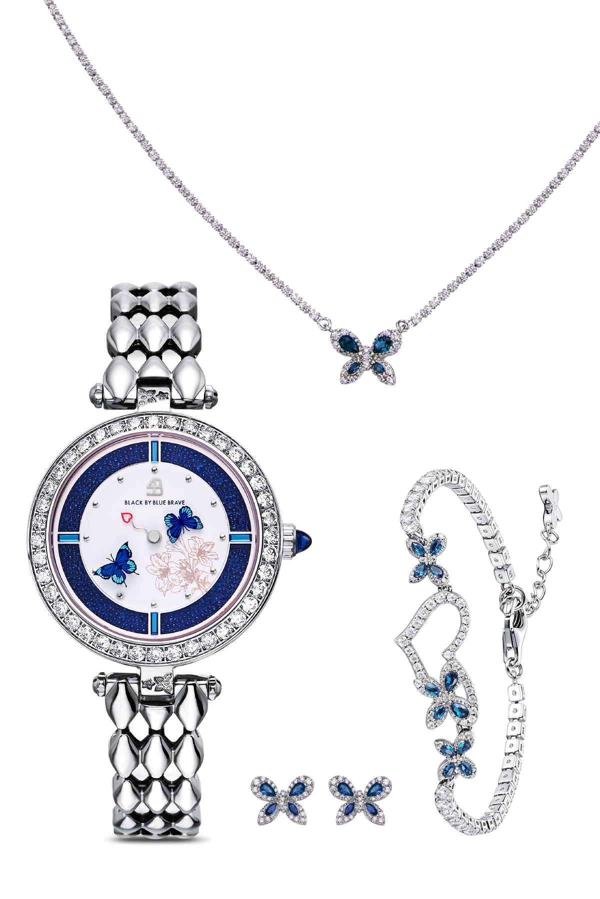 Kirschblüten-Diamant-Uhr + Blumen-Keramik-Ohrringe & Ring & Halskette & Armband-Set