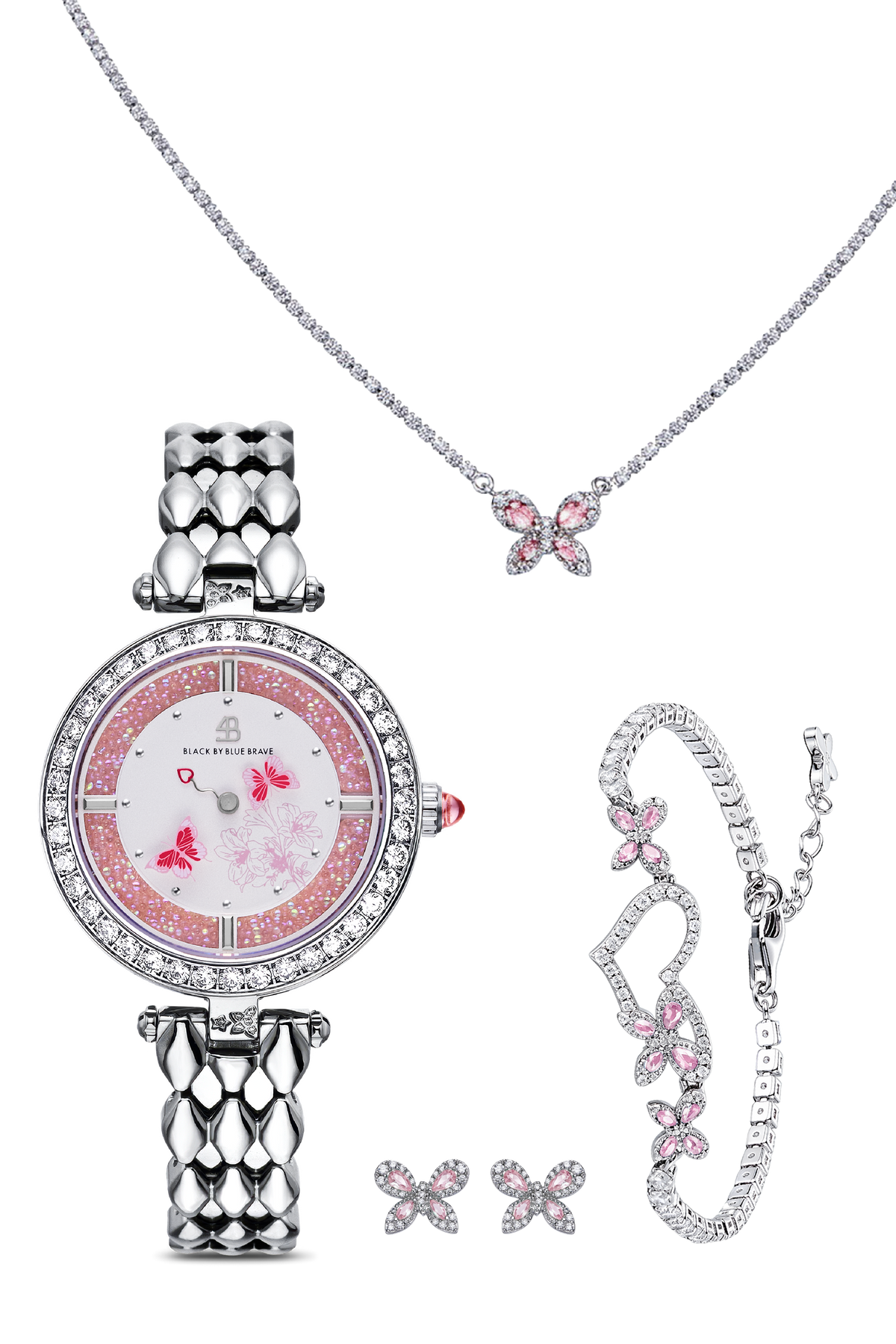 Butterfly Lovers & Necklace & Stud Earrngs & Bracelet Silver
