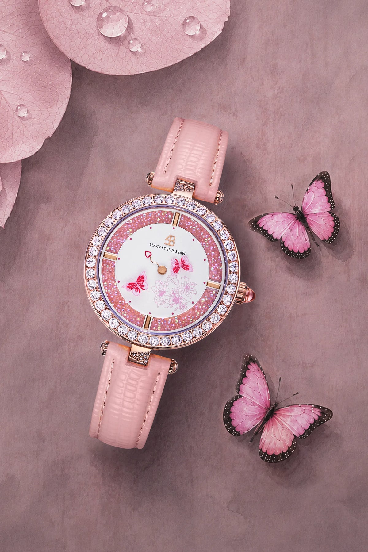 Schmetterlings-Liebhaber Klassische Roségold-Pink-Zifferblatt-Lederuhr