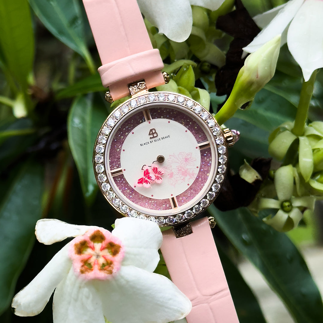Butterfly Lovers 34mm Pink Dial Moving Butterfly Hands Leather Strap Watch - BLACK BY BLUE BRAVE