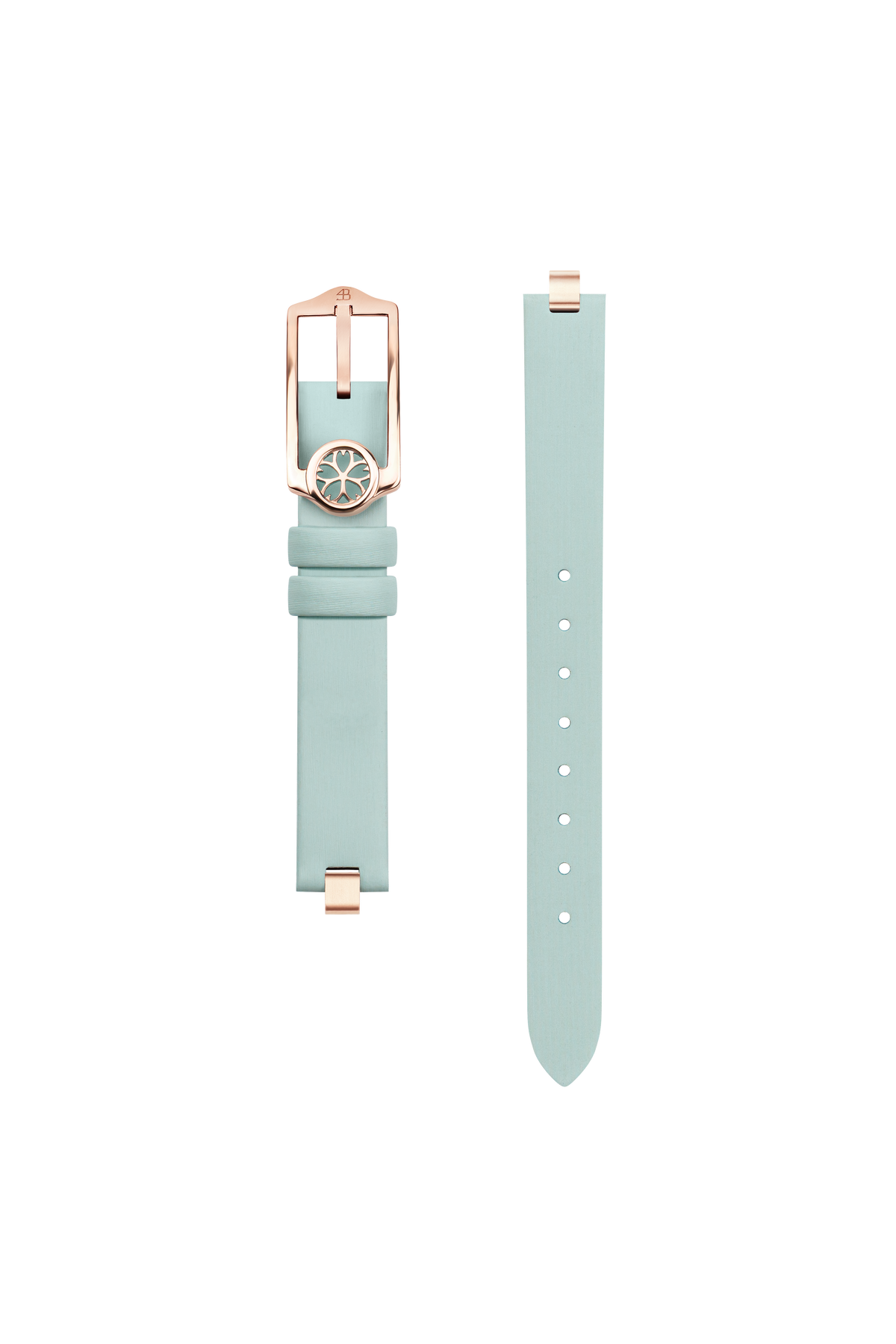 Blue leather watch strap with rose gold buckle