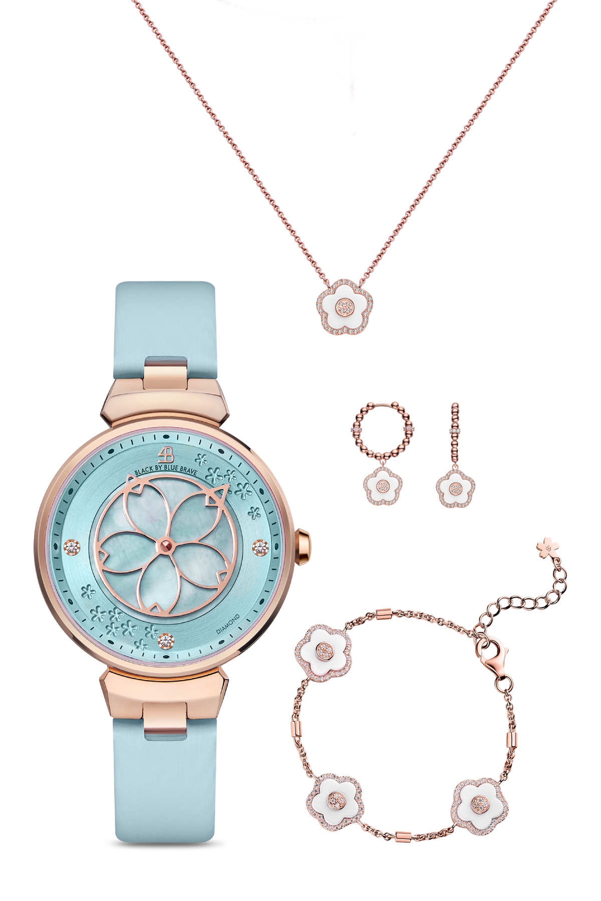 Kirschblüten-Diamant-Uhr + Blumen-Keramik-Ohrringe & Ring & Halskette & Armband-Set