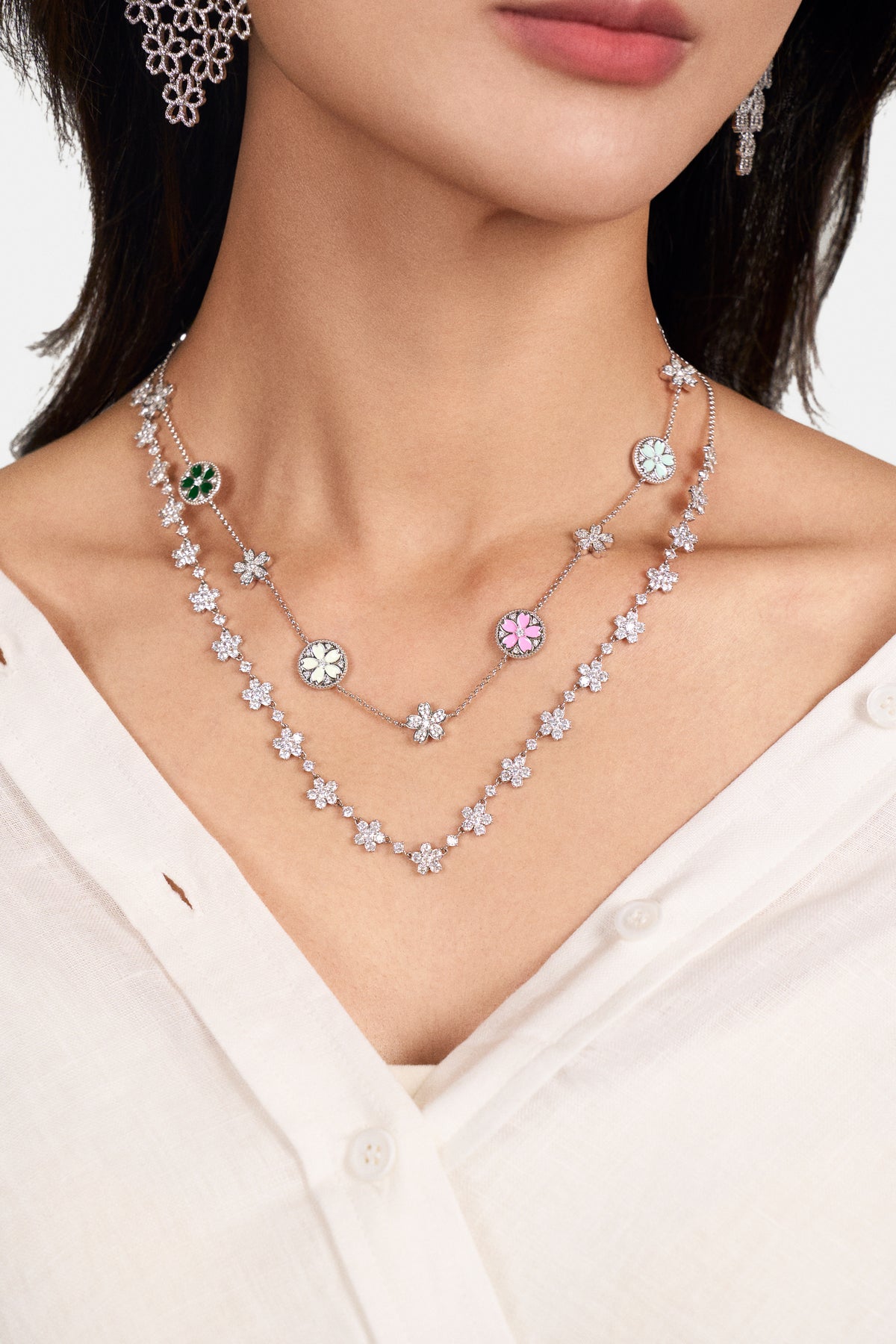 Cherry Blossom Cascade Necklace Silver