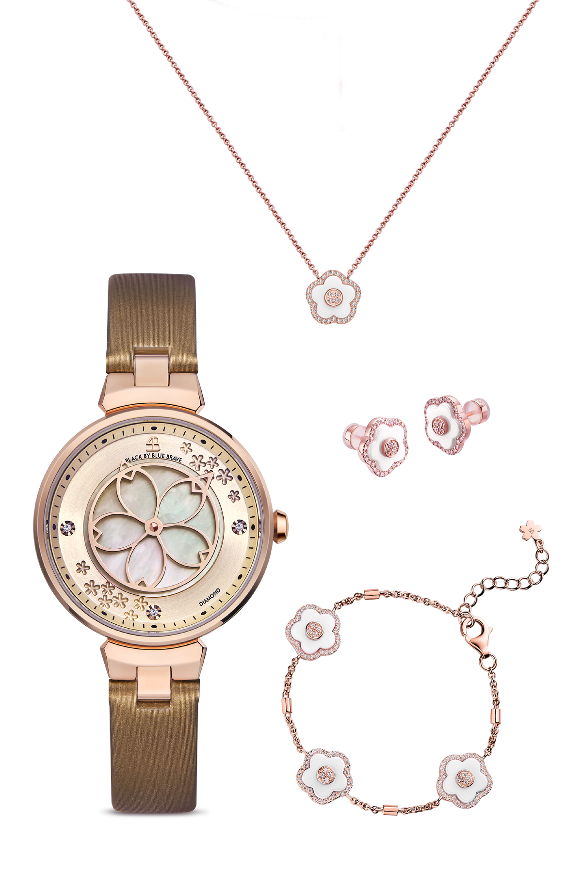 Kirschblüten-Diamant-Uhr + Blumen-Keramik-Ohrringe & Ring & Halskette & Armband-Set