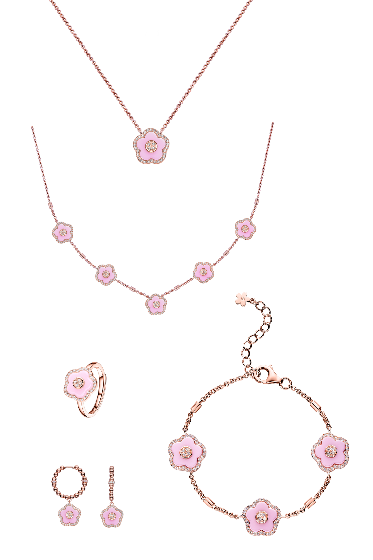 Cherry Blossom Ceramic & 2*Necklace & Earrngs & Bracelet & Ring Rose Gold