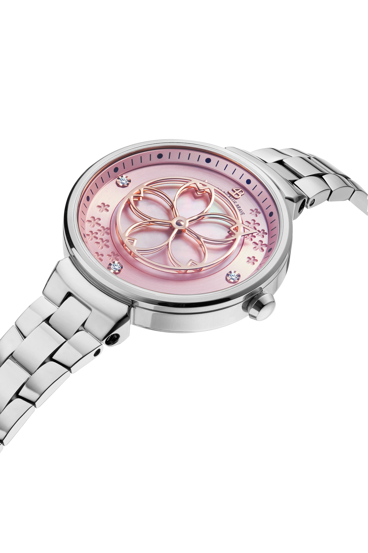 Cherry Blossom Klassische silberne Armbanduhr mit rosa Zifferblatt