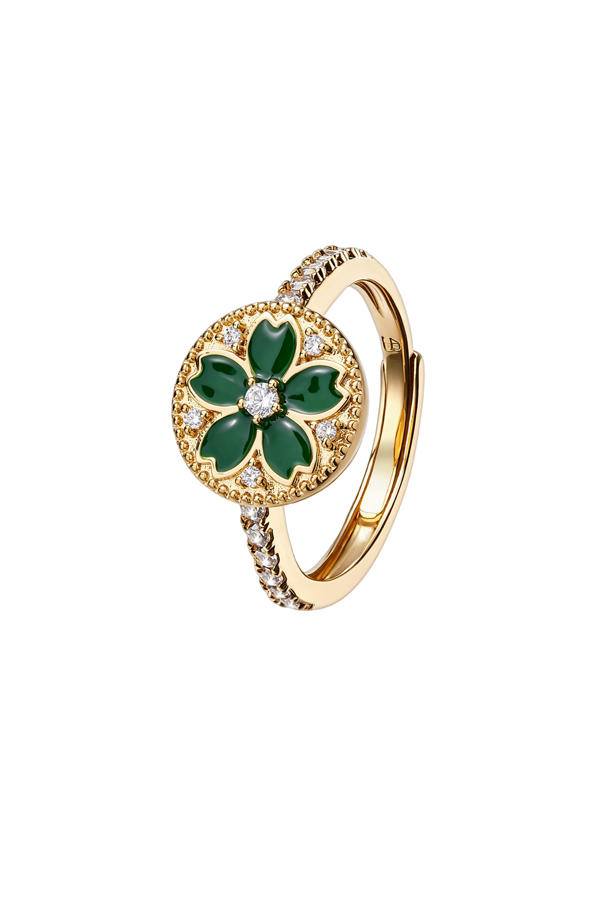 Kirschblüten-Symphonie Grüner Emaille Sakura Verstellbarer Ring (18K vergoldet)