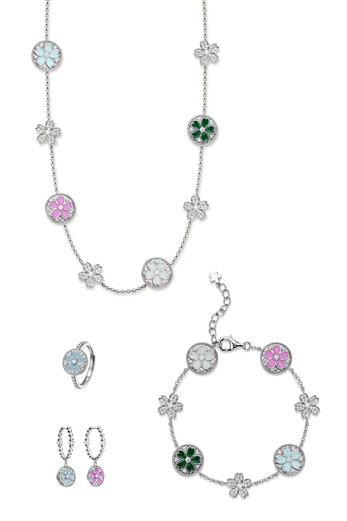 Cherry Blossom Symphony & Necklace & Earrings & Bracelet & Ring Silver