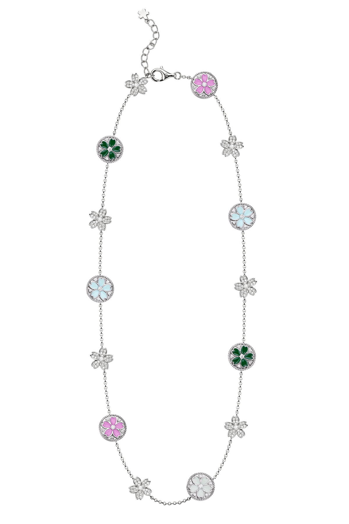 Kirschblüten-Symphonie Emaille 14-Blüten Sakura Silberkette (Platinbeschichtung)