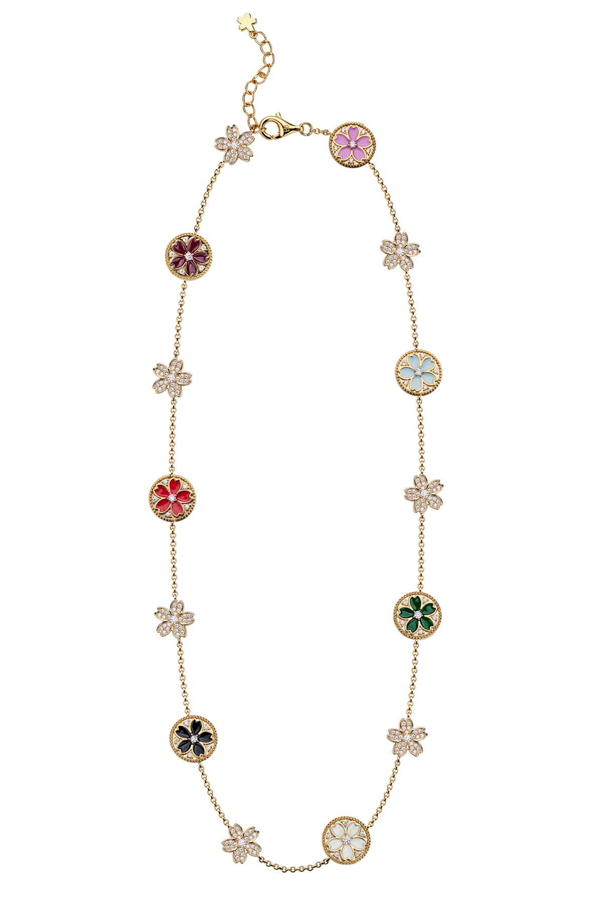 Kirschblüten-Symphonie Emaille 14-Blüten Sakura Gold Halskette (18K vergoldet)