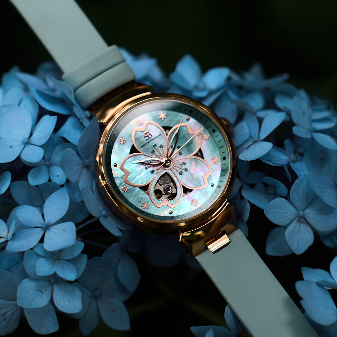 Cherry Blossom 36mm Blue Mother Of Pearl Dial Leather Strap Automatic Watch - BLACK BY BLUE BRAVE