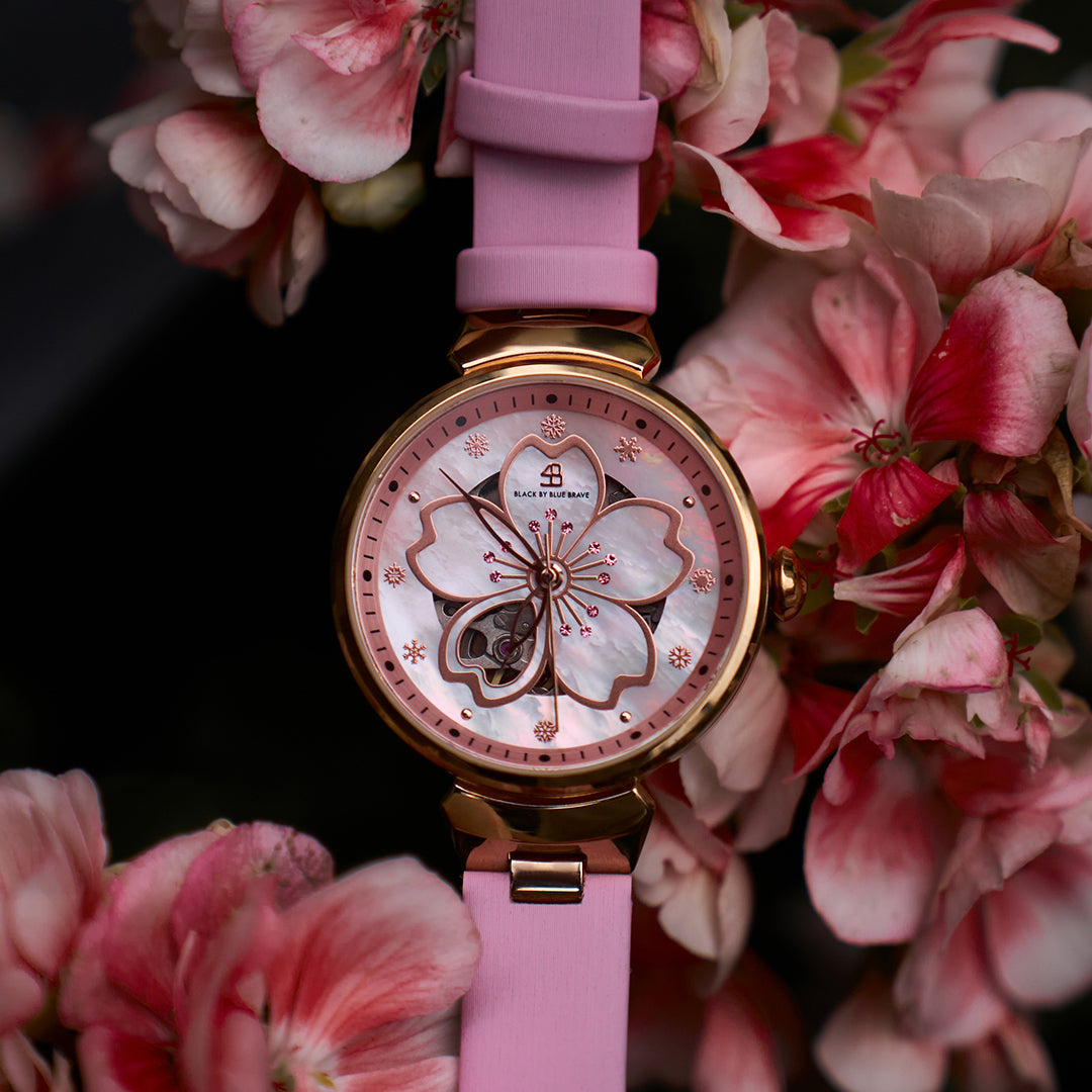 Cherry Blossom 36mm Pink Mother Of Pearl Dial Leather Strap Automatic Watch - BLACK BY BLUE BRAVE