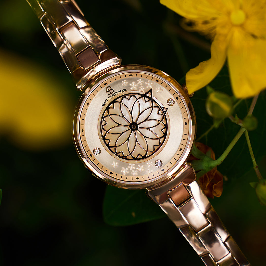 Cherry Blossom 32mm Champagne Mother Of Pearl Dial Sakura Petal Hand Rose Gold Bracelet Watch - BLACK BY BLUE BRAVE