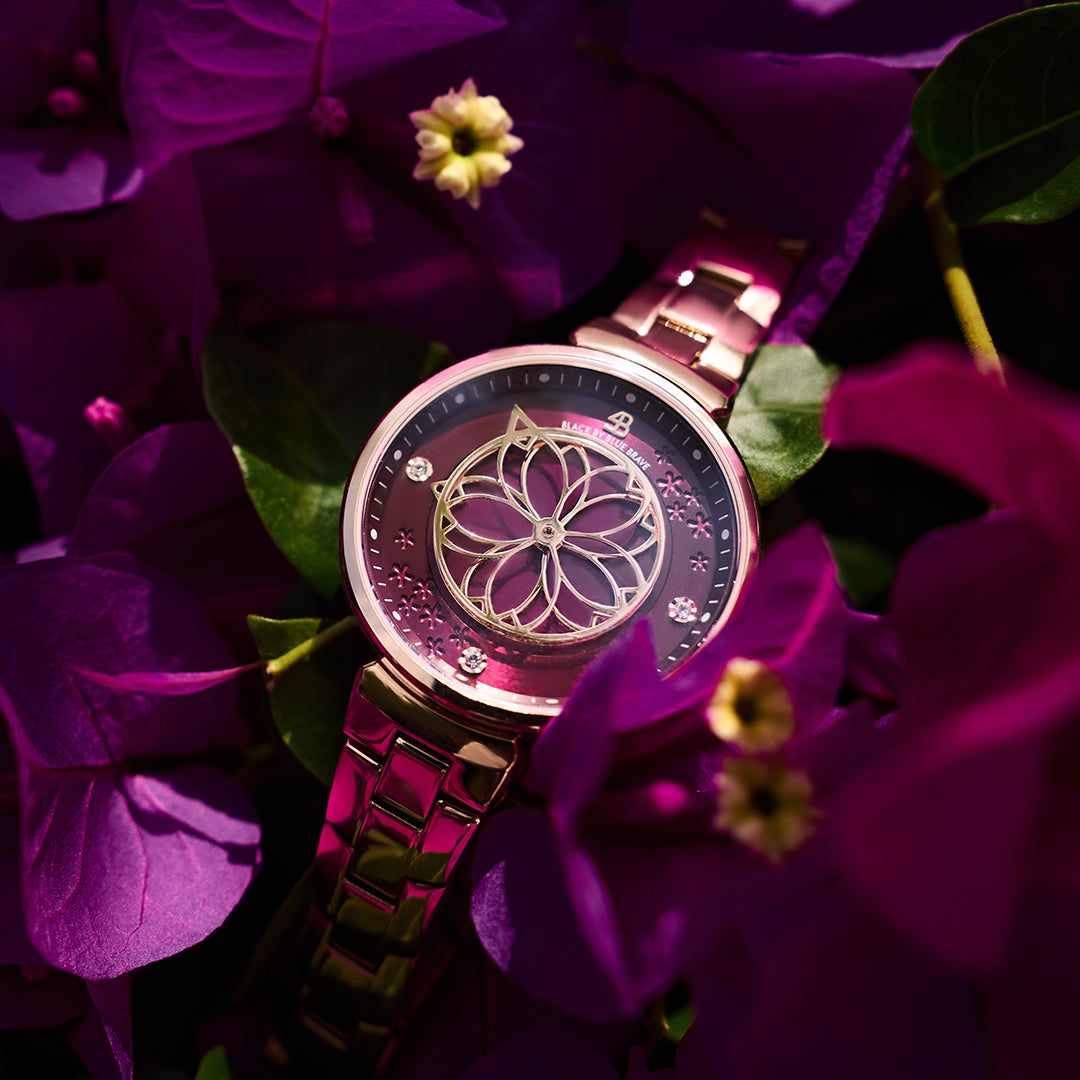Cherry Blossom 32mm Ruby Red Mother Of Pearl Dial Sakura Petal Hand Rose Gold Bracelet Watch - BLACK BY BLUE BRAVE